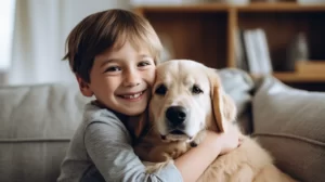 Child cuddling a dog